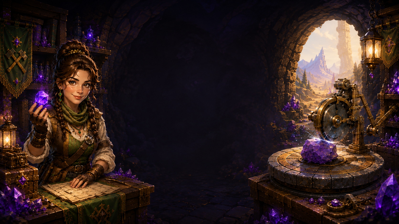Fantasy gem workshop with a stylized gem cutter